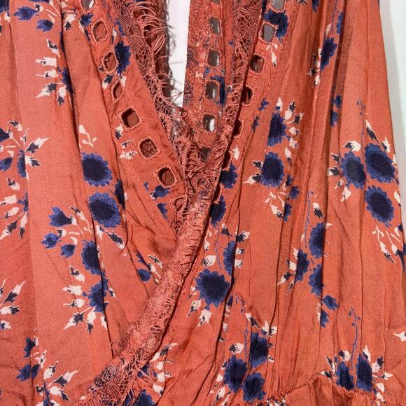 Intimately Free People Orange Floral Mini Dress Lace Wrap Eyelet Medium New - Picture 4 of 13